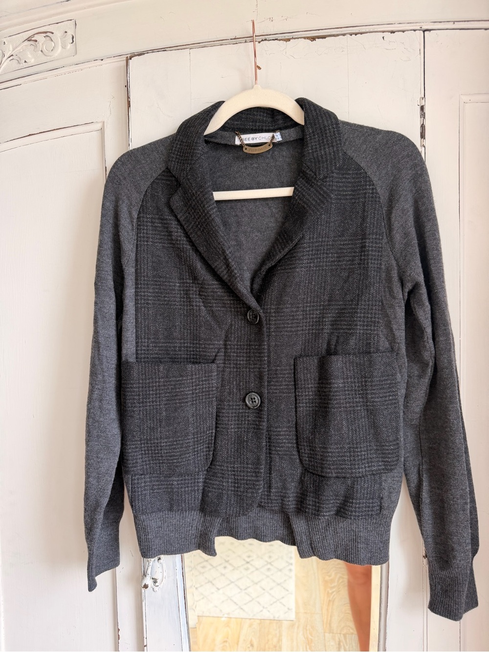See By Chloe Gray Plaid Button Cardigan